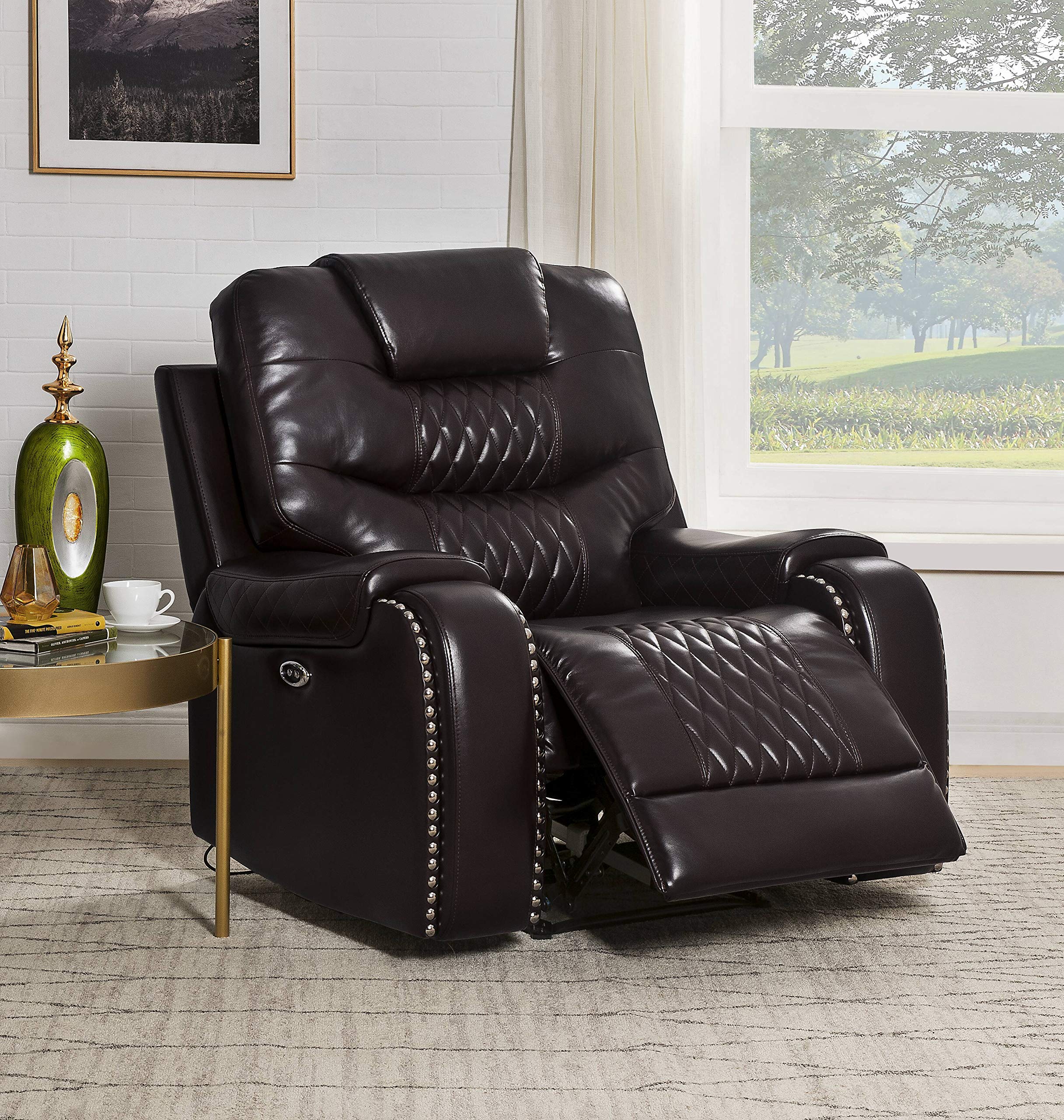 Acme Braylon Faux Leather Tufted Power Motion Recliner In Brown